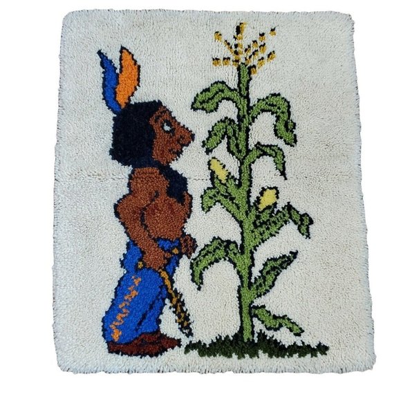 Vintage Native American Corn Stalk Finished Latchhook Wall Tapestry 35 x‎ 29